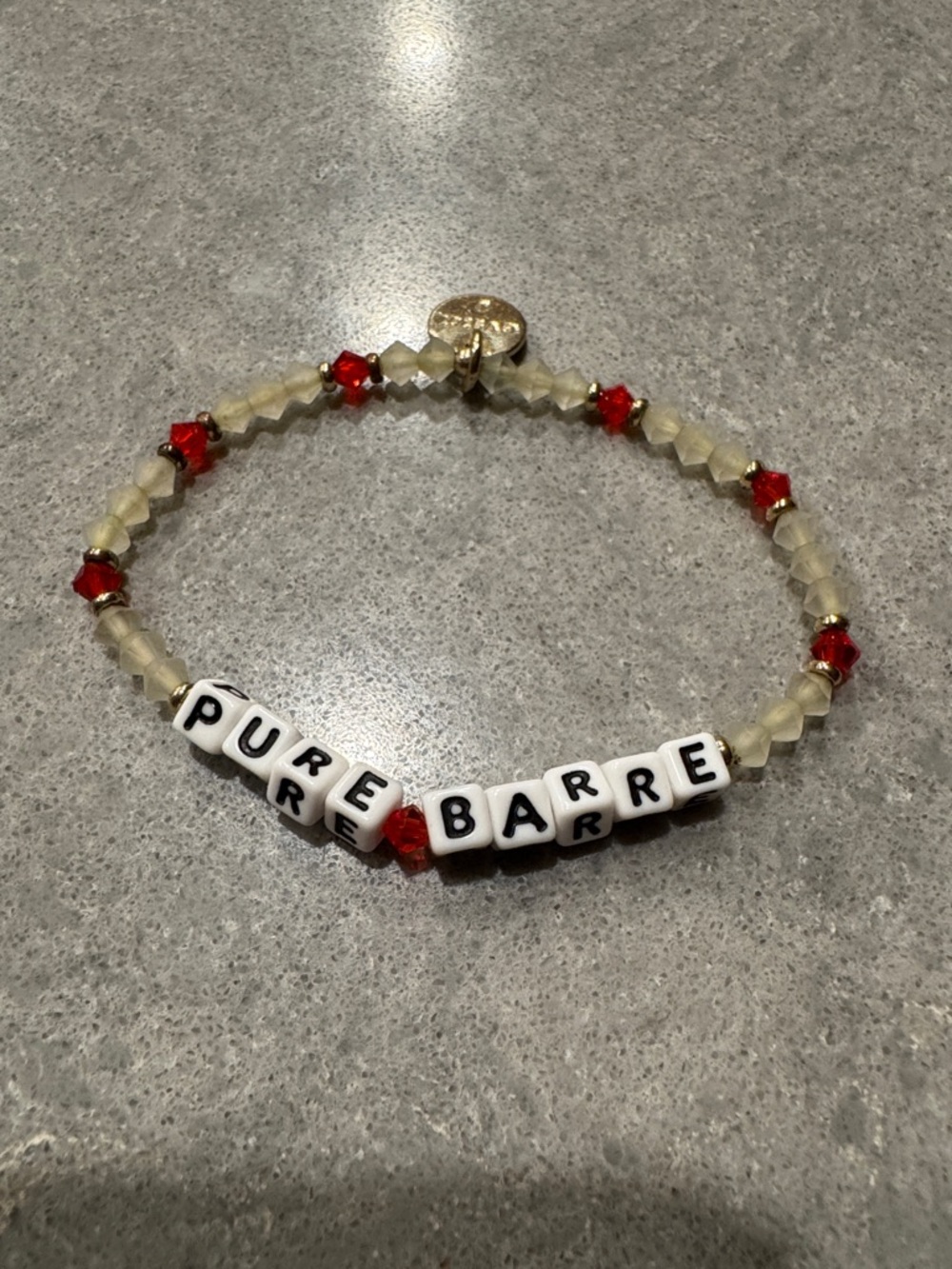 PURE Barre Little Words Project Beaded Stretch Bracelet in Cream & Red